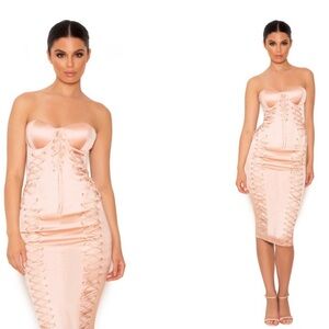 SOLD ✨ House of CB ‘Artimedes’ Nude Satin Strapless Bustier Dress